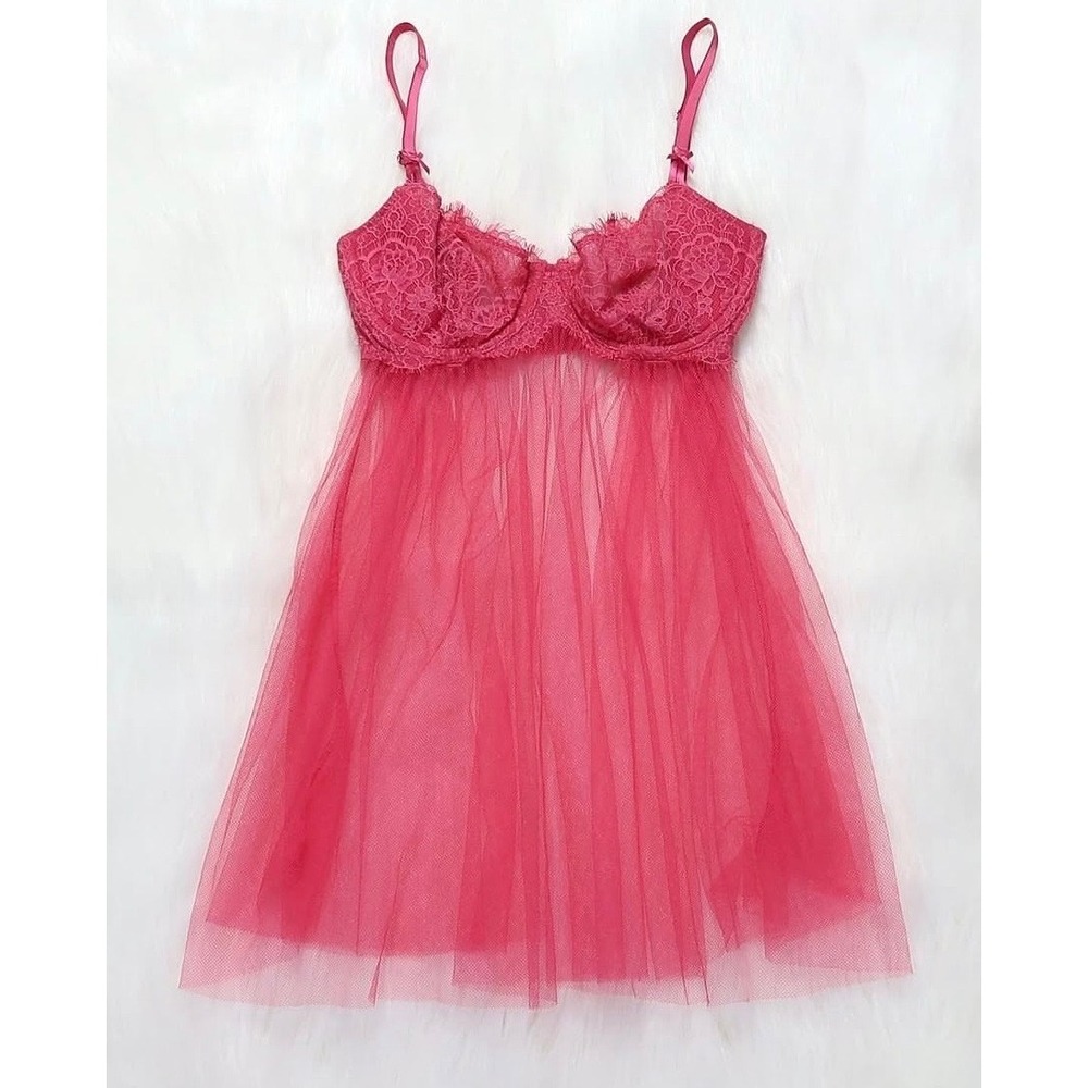 Victorias Secret Pink Lace Mesh Babydoll Camisole Underwire Lingerie Medium NEW